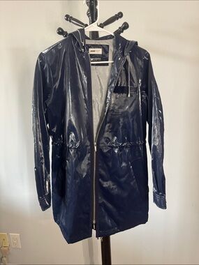 Jane Post Glossy Navy Hooded Raincoat